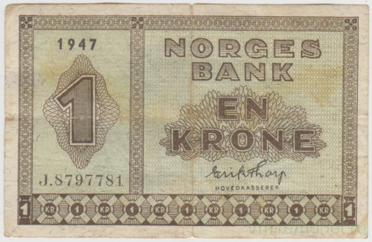 Банкнота. Норвегия. 1 крона 1947 год. Тип 15b.