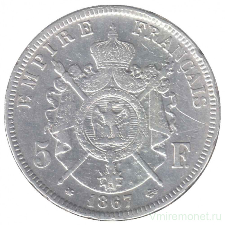 Монета. Франция. 5 франков 1867 год. А.