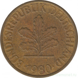 Монета. ФРГ. 10 пфеннигов 1980 год. Монетный двор - Карлсруэ (G).