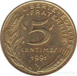 Монета. Франция. 5 сантимов 1991 год.