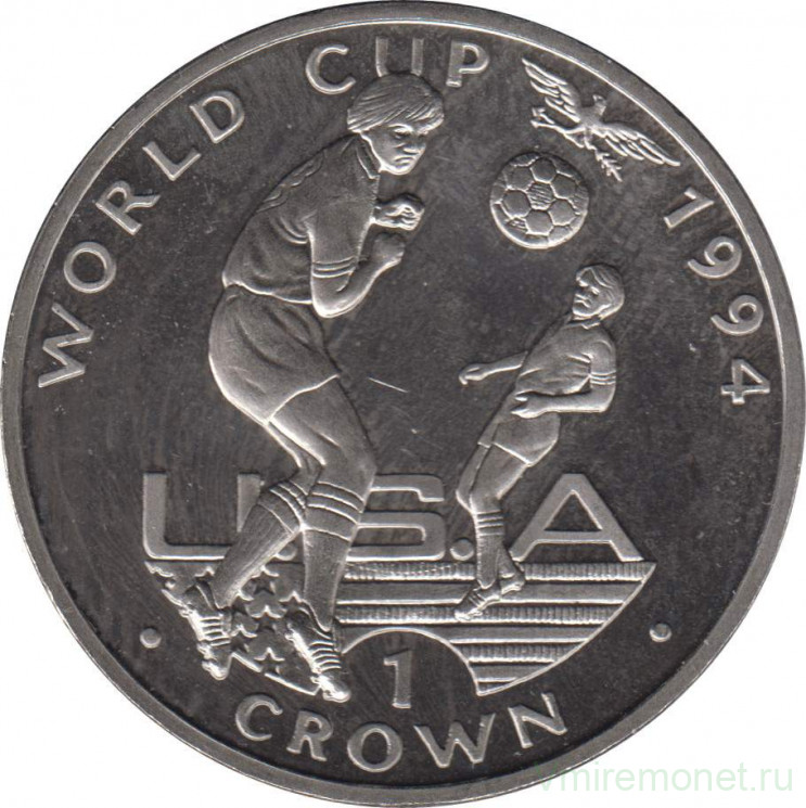 Монета. Гибралтар. 1 крона 1994 год. Чемпионат мира по футболу 1994 года в США. Игрок бьет головой.