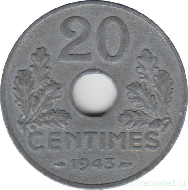 Монета. Франция. 20 сантимов 1943 год. Правительство Виши. 3,5 грамма.