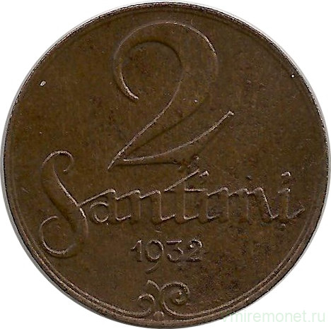 Монета. Латвия. 2 сантима 1932 год.
