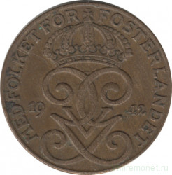 Монета. Швеция. 2 эре 1942 год (бронза).