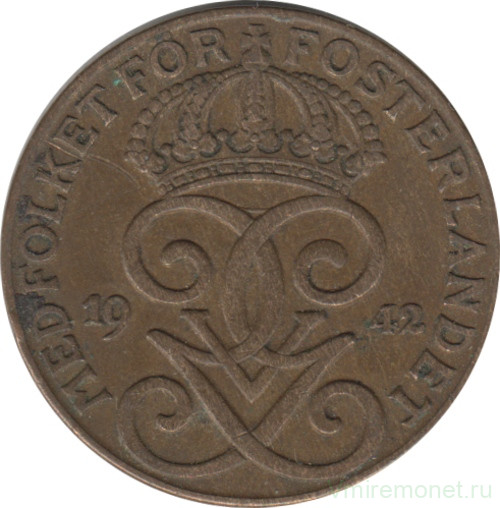 Монета. Швеция. 2 эре 1942 год (бронза).