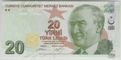 Банкнота. Турция. 20 лир 2009 год. Тип 224b.