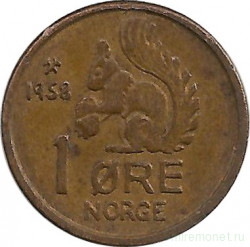 Монета. Норвегия. 1 эре 1958 год.