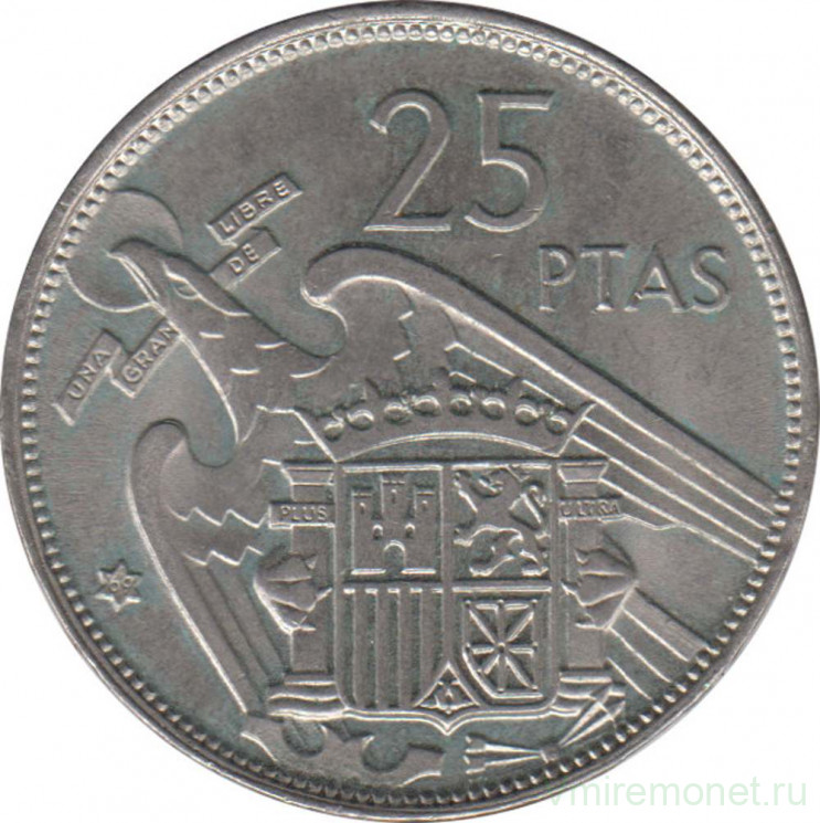 Монета. Испания. 25 песет 1969 (1957) год.