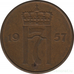 Монета. Норвегия. 5 эре 1957 год.