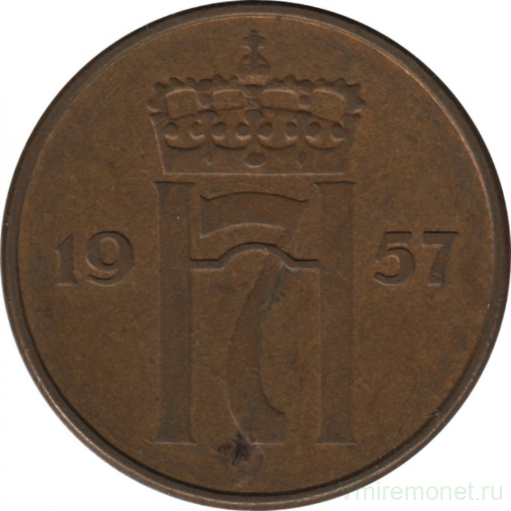Монета. Норвегия. 5 эре 1957 год.