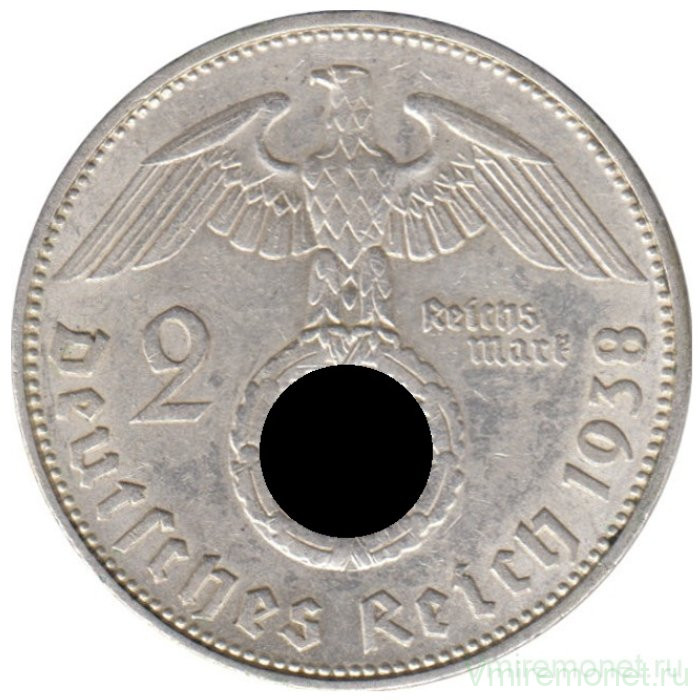 Монета. Германия. Третий Рейх. 2 рейхсмарки 1938 год. Монетный двор - Штутгарт (F).