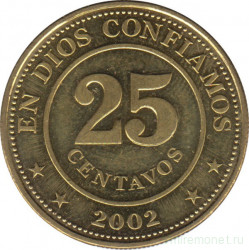 Монета. Никарагуа. 25 сентаво 2002 год. 