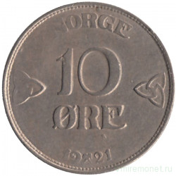 Монета. Норвегия. 10 эре 1921 год. 