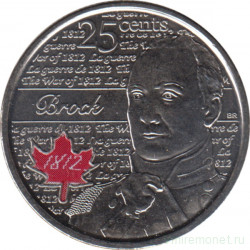 Монета. Канада. 25 центов 2012 год. Война 1812 года. Исаак Брок. Красная эмаль.