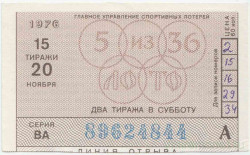 Лотерейный билет. СССР. Главное управление спортивных лотерей. Корешок от билета лотереи "Спортлото 5 из 36". 15 тираж 1976 г.  