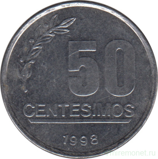 Монета. Уругвай. 50 сентесимо 1998 год.