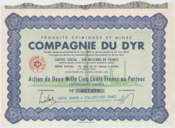 Акция. Франция. Париж. АО "COMPAGNIE DU DYR". Акция на предъявителя в 2500 франков 1950 год.