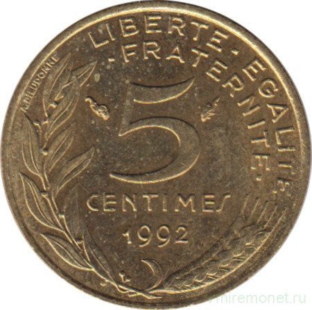 Монета. Франция. 5 сантимов 1992 год.