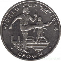 Монета. Гибралтар. 1 крона 1994 год. Чемпионат мира по футболу 1994 года в США. Игрок бьет ногой.