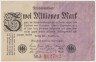 Банкнота. Германия. Веймарская республика. 2 миллионов марок 1923 год. Водяной знак - листья дуба (сдвиг влево). Серийный номер - две цифры , буква ,  точка (чёрные), 6 цифр (крупные,красные). ав.