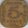 Монета. Цейлон (Шри-Ланка). 5 центов 1943 год. ав.