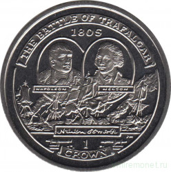 Монета. Великобритания. Остров Мэн. 1 крона 2005 год. 200 лет Трафальгарскому сражению. Наполеон и Нельсон.