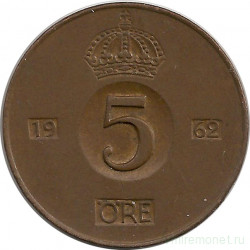 Монета. Швеция. 5 эре 1962 год.