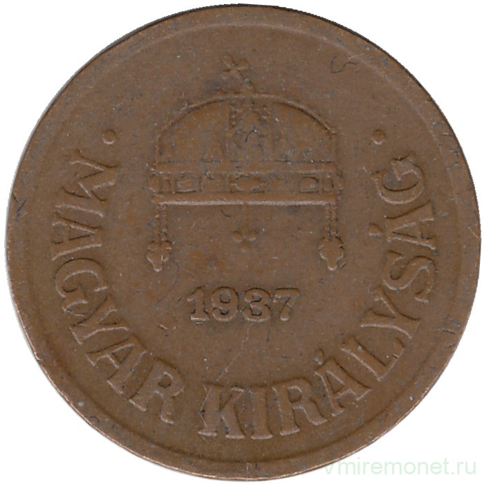 Монета. Венгрия. 2 филлера 1937 год.