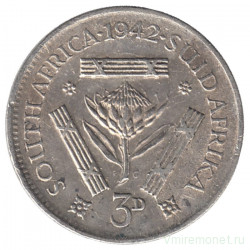 Монета. Южно-Африканская республика (ЮАР). 3 пенса 1942 год.