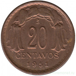 Монета. Чили. 20 сентаво 1951 год.