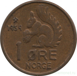 Монета. Норвегия. 1 эре 1959 год.