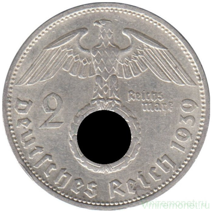 Монета. Германия. Третий Рейх. 2 рейхсмарки 1939 год. Монетный двор - Штутгарт (F).