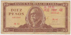 Банкнота. Куба. 10 песо 1970 год.