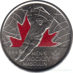 Монета. Канада. 25 центов 2009 год. Победа мужской сборной по хоккею на олимпиаде в Солт-Лэйк-Сити 2002. Красная эмаль.