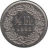  Монета. Швейцария. 1/2 франка 1993 год. ав.