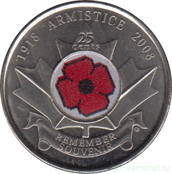 Монета. Канада. 25 центов 2008 год. 90 лет окончания Первой мировой войны. Цветная эмаль.
