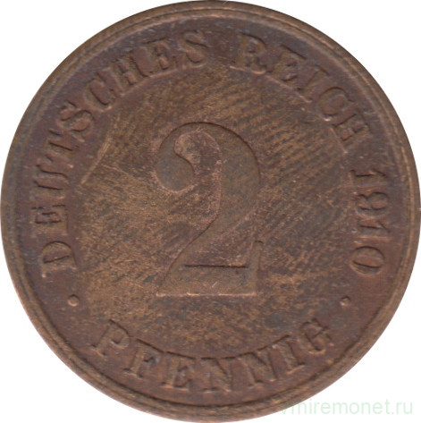 Монета. Германия (Германская империя 1871-1922). 2 пфеннига 1910 год. (D).