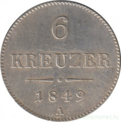 Монета. Австрийская империя. 6 крейцеров 1849 год. Монетный двор А.