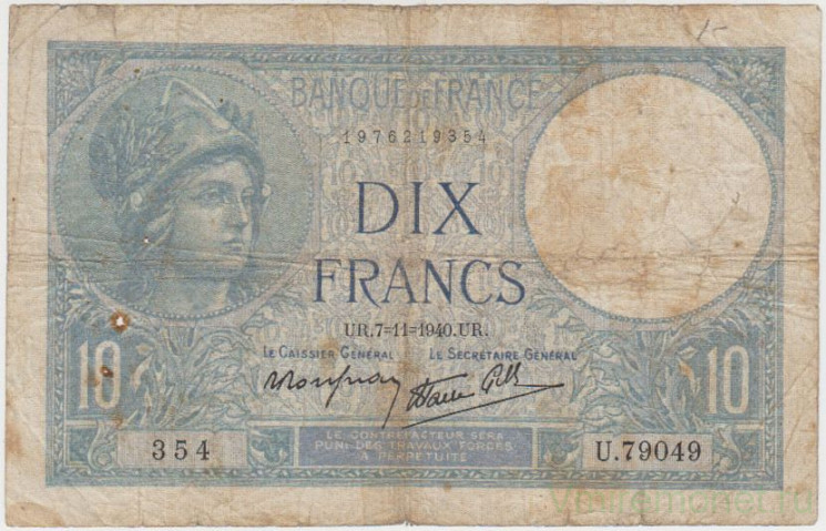 Банкнота. Франция. 10 франков 1940 год. Тип 84.