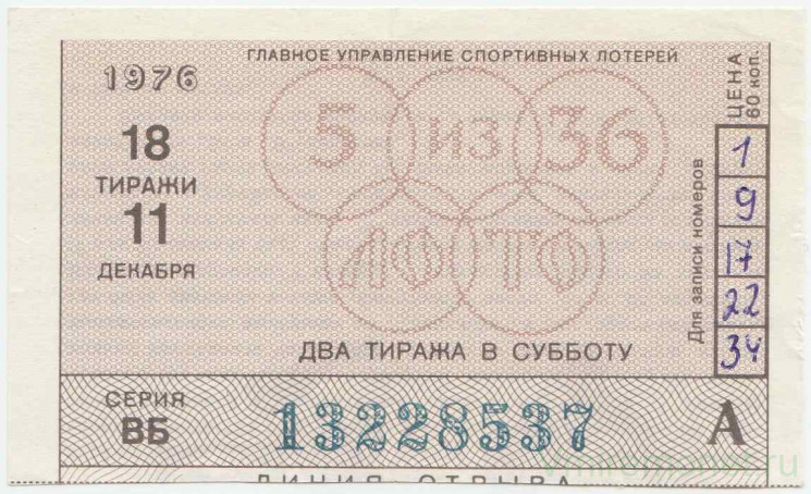 Лотерейный билет. СССР. Главное управление спортивных лотерей. Корешок от билета лотереи "Спортлото 5 из 36". 18 тираж 1976 г. 