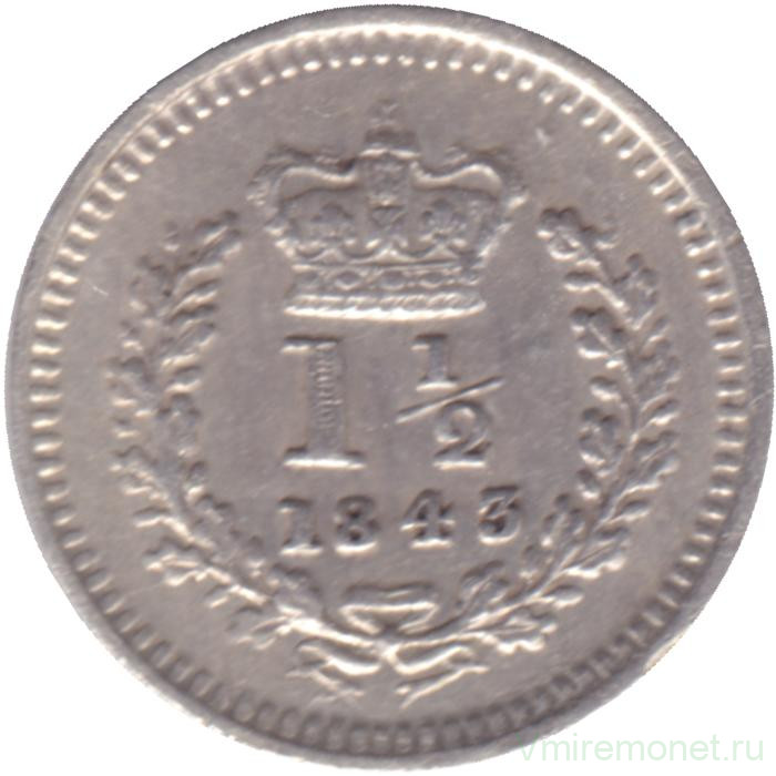 Монета. Великобритания. 1 1/2 пенни 1843 год. Монета. Великобритания. 1 1/2 пенни 1843 год.