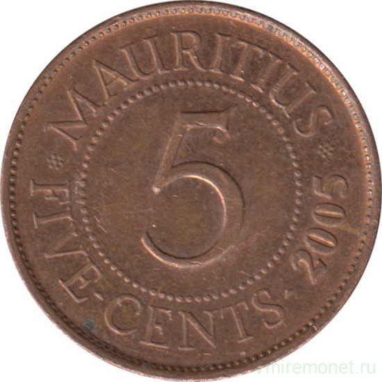 Монета. Маврикий. 5 центов 2005 год.