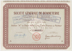 Акция. Франция. Труа. АО "SOCIÉTÉ GÉNÉRALE DE BONNETERIE". Акция на предъявителя в 2500 франков 1950 год.