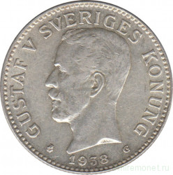 Монета. Швеция. 2 кроны 1938 год.