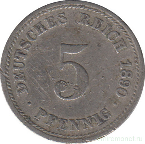 Монета. Германия (Германская империя 1871-1922). 5 пфеннигов 1890 год. (D).