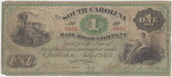 Бона. США. Билет железнодорожной компании "The South Carolina Rail Road Company" июль 1 доллар 1873 год.