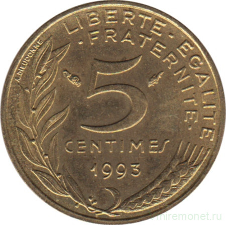 Монета. Франция. 5 сантимов 1993 год.