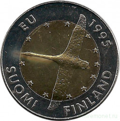 Монета. Финляндия. 10 марок 1995 год. Лебедь.