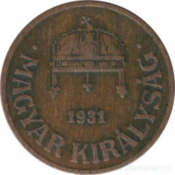 Монета. Венгрия. 1 филлер 1931 год.