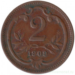 Монета. Австро-Венгерская империя. 2 геллера 1909 год. Австрийский тип.